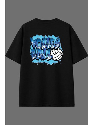 Vsrn Voleyball 1 Tasarım Arka Baskılı Siyah Oversize T Shirt
