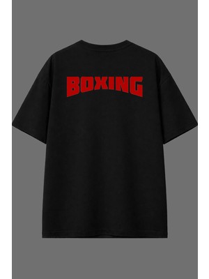 Vsrn Kırmızı Boxıng Tasarım Arka Baskılı Siyah Oversize T Shirt