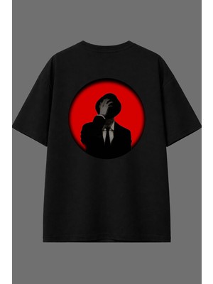 Vsrn Şapkalı Adam Tasarım Arka Baskılı Siyah Oversize T Shirt