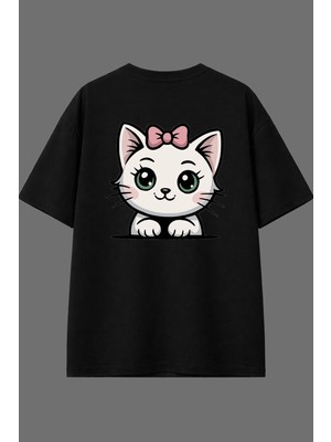 Vsrn Tatlı Kedi Tasarım Arka Baskılı Siyah Oversize T Shirt