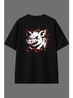 Vsrn Kırmızı Domuz Tasarım Arka Baskılı Siyah Oversize T Shirt