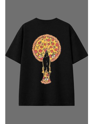 Vsrn Kayan Pizza Tasarım Arka Baskılı Siyah Oversize T Shirt