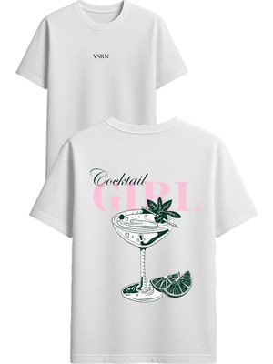 Vsrn Cocktail Girl Tasarım Baskılı Beyaz Oversize T-Shirt