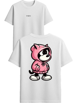 Vsrn Pembe Kapşonlu Tasarım Baskılı Beyaz Oversize T-Shirt
