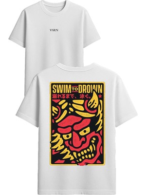 Vsrn Swım Drown Tasarım Baskılı Beyaz Oversize T Shirt