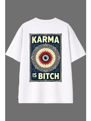 Vsrn Karma Is Bıtch Tasarım Arka Baskılı Beyaz Oversize T Shirt