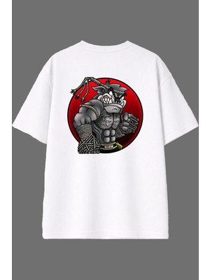 Vsrn Dövüşçü Kurt Tasarım Arka Baskılı Beyaz Oversize T Shirt