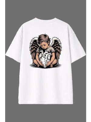 Vsrn Üzgün Melek Tasarım Arka Baskılı Beyaz Oversize T Shirt