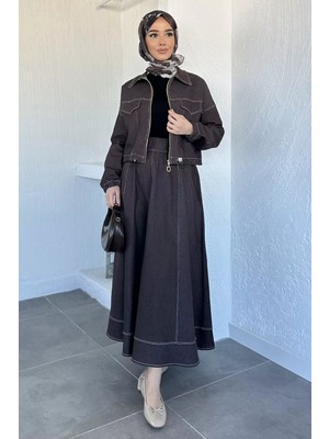 Gülseli Jean Kot Ceket Bel Lastikli Etek Tesettür Ikili Takım P-00020773