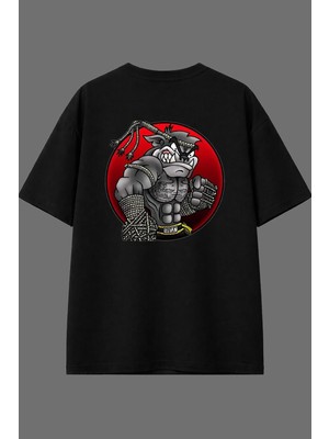 Vsrn Dövüşçü Kurt Tasarım Arka Baskılı Siyah Oversize T Shirt