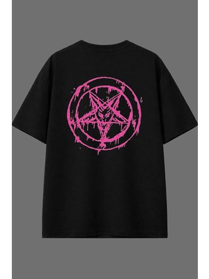 Vsrn Pembe Yuvarlak Yıldız Tasarım Arka Baskılı Siyah Oversize T Shirt