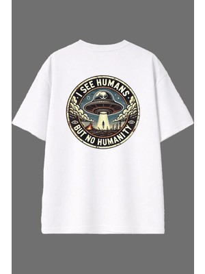Vsrn I See But No Tasarım Arka Baskılı Beyaz Oversize T Shirt