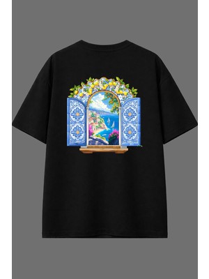 Vsrn Camdan Cennet Tasarım Arka Baskılı Siyah Oversize T Shirt