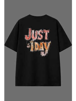 Vsrn Just Day Tasarım Arka Baskılı Siyah Oversize T Shirt