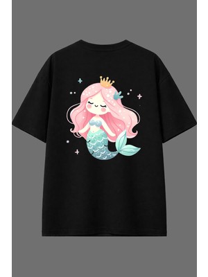 Vsrn Deniz Kızı Tasarım Arka Baskılı Siyah Oversize T Shirt