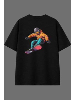 Vsrn Kış Sporları Tasarım Arka Baskılı Siyah Oversize T Shirt