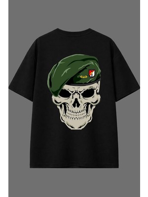 Vsrn Yüzbaşı Iskelet Tasarım Arka Baskılı Siyah Oversize T Shirt