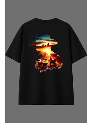 Vsrn Kovboy Hayatı Tasarım Arka Baskılı Siyah Oversize T Shirt