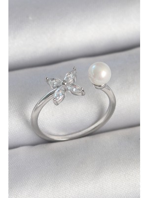 Zenvia Pirinç Gümüş Renk Zirkon Taşlı Çiçek Model Inci Detay Ayarlanabilir Kadın Yüzük - Tj-Byk