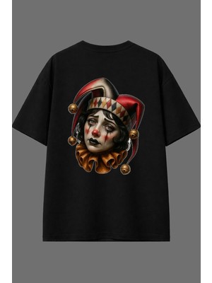 Vsrn Üzgün Palyaço Tasarım Arka Baskılı Siyah Oversize T Shirt