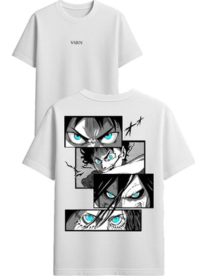 Vsrn Mavi Gözlü Anime Tasarım Baskılı Beyaz Oversize T-Shirt