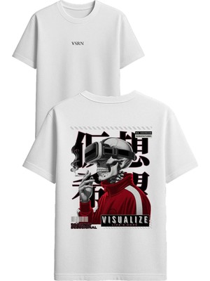Vsrn Vr Uzaylı Tasarım Baskılı Beyaz Oversize T-Shirt
