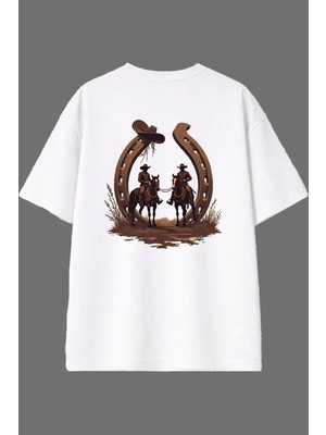 Vsrn At Nalı Kovboy Tasarım Arka Baskılı Beyaz Oversize T Shirt