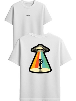 Vsrn Özgür Uzaylı Tasarım Baskılı Beyaz Oversize T-Shirt