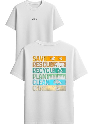 Vsrn Save Rescule Recycle Tasarım Baskılı Beyaz Oversize T-Shirt
