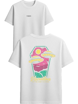 Vsrn Ufo Araçları Tasarım Baskılı Beyaz Oversize T-Shirt