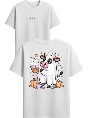 Vsrn Hayalet Inek Tasarım Baskılı Beyaz Oversize T Shirt