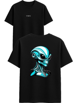 Vsrn Uzaylı Adam Tasarım Baskılı Siyah Oversize T Shirt