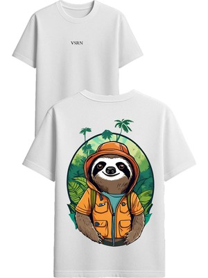 Vsrn Kampçı Tembel Hayvan Tasarım Baskılı Beyaz Oversize T Shirt