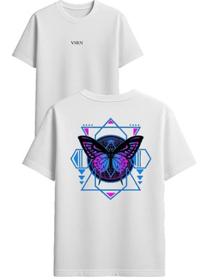 Vsrn Üçgen Kelebek Tasarım Baskılı Beyaz Oversize T Shirt