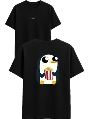 Vsrn Mısır Yiyen Penguen Tasarım Baskılı Siyah Oversize T Shirt