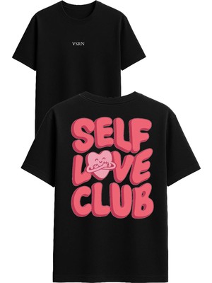 Vsrn Self Love Club Tasarım Baskılı Siyah Oversize T Shirt