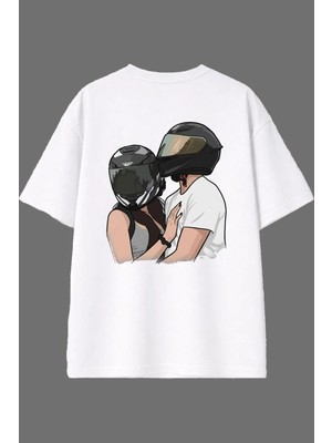 Vsrn Motorcu Sevgili 2 Tasarım Arka Baskılı Beyaz Oversize T Shirt