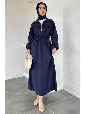 Julude Puane Polo Yaka Ön Yarım Fermuarlı Tesettür Elbise P-00020577
