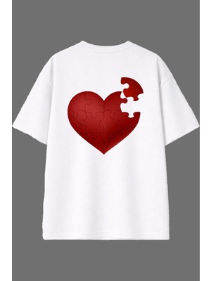 Vsrn Yapboz Kalp Tasarım Arka Baskılı Beyaz Oversize T Shirt