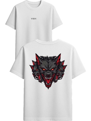Vsrn 3 Başlı Kurt Tasarım Baskılı Beyaz Oversize T-Shirt