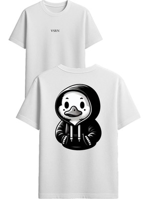Vsrn Ördek Kapşonlu Tasarım Baskılı Beyaz Oversize T-Shirt