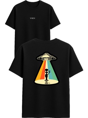Vsrn Özgür Uzaylı Tasarım Baskılı Siyah Oversize T Shirt