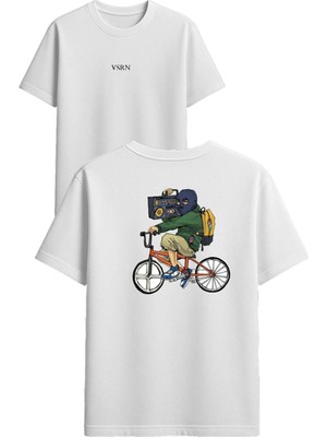 Vsrn Radyolu Bisiklet Tasarım Baskılı Beyaz Oversize T Shirt