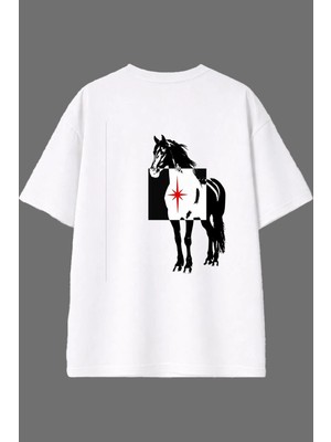 Vsrn Desenli Atlar Tasarım Arka Baskılı Beyaz Oversize T Shirt