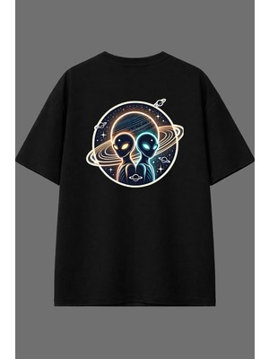 Vsrn Uzaylılar Geliyor Tasarım Arka Baskılı Siyah Oversize T Shirt