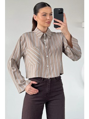 Gülseli Kadın Çizgili Crop Top Gömlek P-00020932