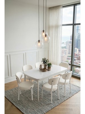 Deren Home Pufy Serisi 80X130 Açılabilir Masa +6 Adet Silinebilir Sandalye Masa Takımı