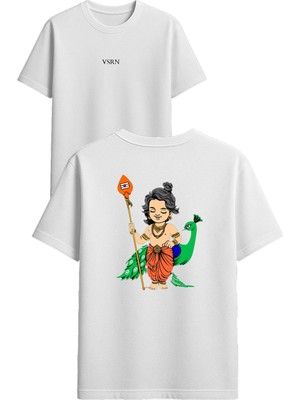 Vsrn Kız ve Tavuskusu Tasarım Baskılı Beyaz Oversize T Shirt