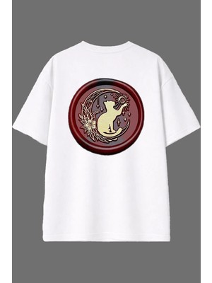 Vsrn Kedi Mühürü Tasarım Arka Baskılı Beyaz Oversize T Shirt