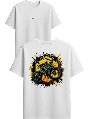 Vsrn Havalı Bisiklet Tasarım Baskılı Beyaz Oversize T Shirt